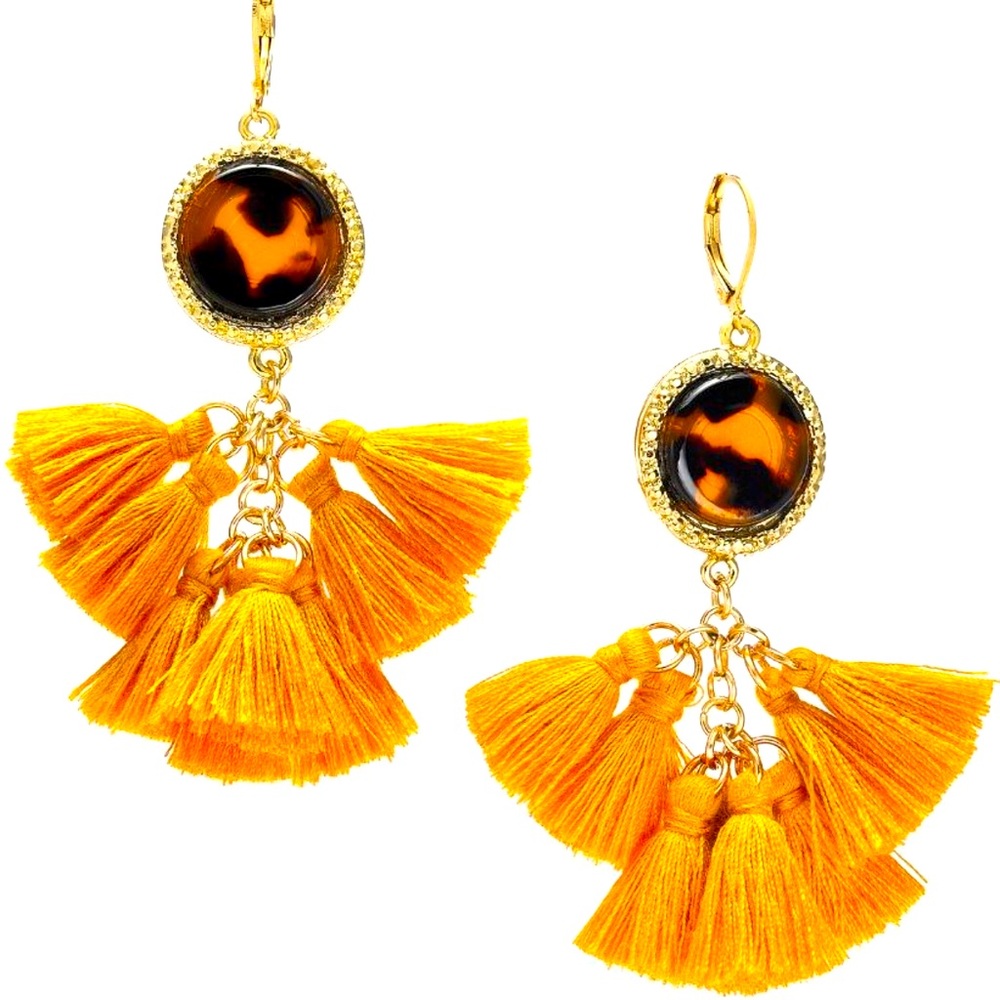 Gold-tone tortoise look multi-tassel drop earrings